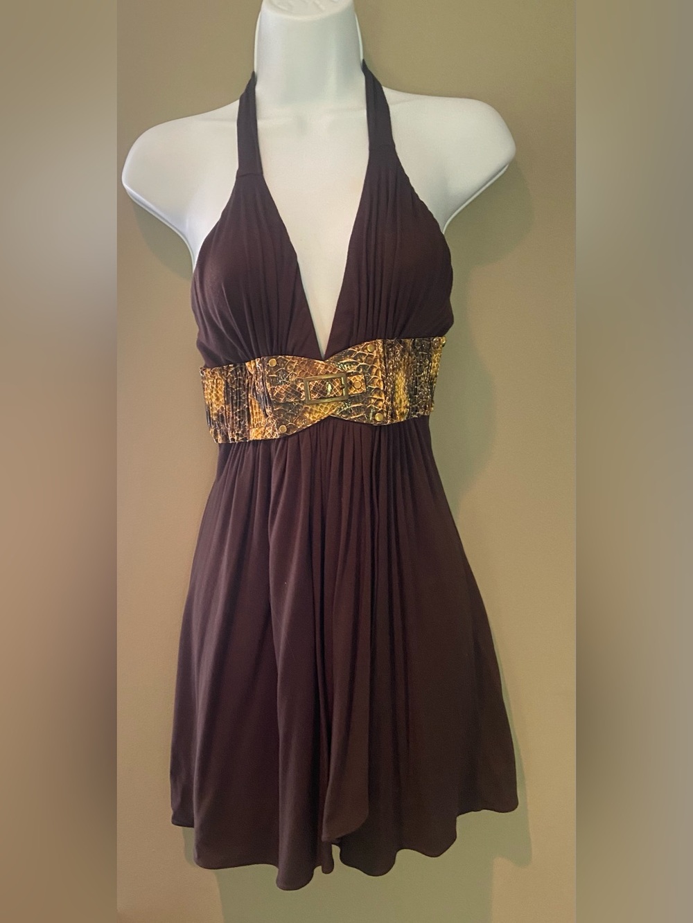 Skye Chocolate Brown Halter Tank Top w/ attached snakeskin waist embellishment
